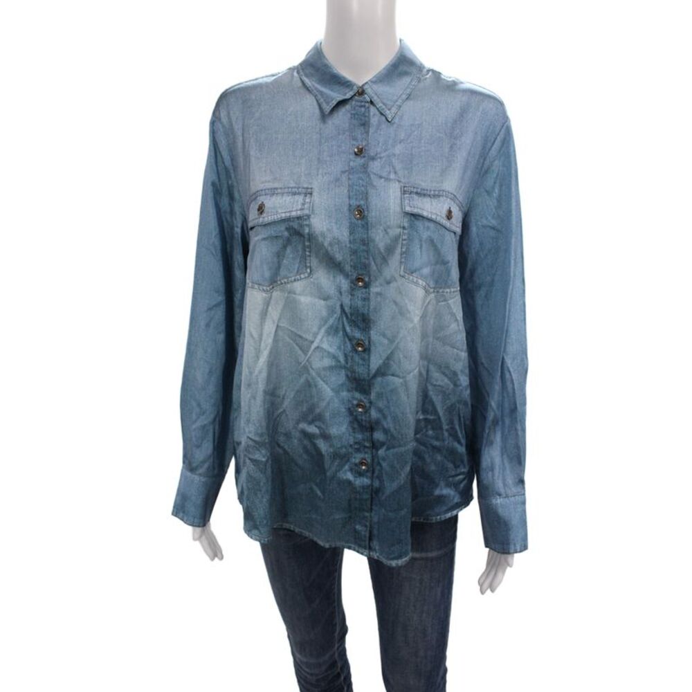 Kate Young Women Collared Button-Up Silk Blend Long Sleeve Blue Grunge Size XS